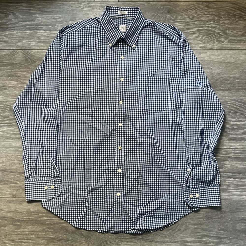 Peter Millar Nanoluxe Easycare Navy White Long Sleeve Gingham Button Down Size L